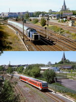 Einst und jetzt im Bergischen Land: Auf dem oberen Bild verlässt Mitte der 1980er Jahre 212 319-0 mit einem Nahverkehrszug nach Wuppertal den (damaligen) Solinger Hauptbahnhof, unten wurde im