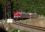 03.10.2013, Herbstfest im Bahnhof Rennsteig bei Schmiedefeld in Thüringen. Der Zug von Stützerbach, bespannt mit der V100 der Rennsteigbahn GmbH (DB 213 334, Lok  Marion ), fährt ein.