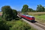 215 001 + 216 224 mit einem Rungenwagenzug am 15.09.2019 bei Langenisarhofen.