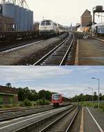 Silos und Lagerhäuser prägten das Bild des Bahnhos Mechernich Ende der 1980er Jahre, als 215 041-5 aus Trier kommend mit einem Eilzug einfährt. Am 04.07.2020 erreicht 620 039 den Bahnhof, der sich inzwischen viel  aufgeräumter  zeigt.