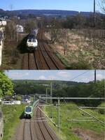 Zwischen den beiden Aufnahmen, die an der Strecke Wuppertal - Essen zwischen Nierenhof und Essen-Kupferdreh entstanden, liegt ein Vierteljahrhundert, in dem sich die Bahn mehr als ihr Umfeld