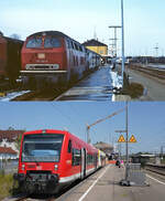 Der Bahnhof Aulendorf an der W�rttembergischen S�dbahn mit jeweils zeittypischen Z�gen am 14.02.1983 und 15.08.2026: Beide Aufnahmen zeigen einen abfahrbereiten Zug durch das Donautal in Richtung Sigmaringen, oben die 215 130-6 mit zwei Umbau-Vierachsern, darunter 650 201-6 und 650 104. Abgesehen von der zwischenzeitlichen Elektrifizierung der w�rttembergischen S�dbahn und der Bahnsteigmodernisierung hat sich das Bild des Bahnhofes nicht allzusehr ge�ndert. 