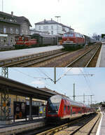Zwischen diesen beiden Aufnahmen des Bahnhofes Friedrichshafen Stadt liegen rund 45 Jahre: Oben wartet die Ulmer 215 005-0 Anfang der 1980ern Jahre mit einem Zug nach Ulm auf die Abfahrt, daneben rangiert eine Lokomotive der Baureihe 332 mehrere Umbau-Vierachser. Am 15.08.2026 hat sich das Bild des Bahnhof vor allem durch die Elektrifizierung entscheidend ge�ndert, aber auch die Verl�ngerung des Bahnsteigdaches und moderne Fahrzeuge wie Doppelstockwagen tragen dazu bei.