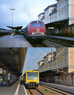 Auch auf diesem Bild wird die Wandlung des Bahnhofes Friedrichshafen und des Fahrzeugmaterials in den vergangenen 45 Jahren deutlich: Auf der oberen Aufnahme verl�sst 218 292-1 mit einem D-Zug Anfang der 1980er Jahre den Bahnhof, darunter f�hrt 650 105 am 16.12.2026 in der aktuellen bwegt-Lackierung ein