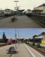 Der Bahnhof Euskirchen Ende der 1980er Jahre und am 04.07.2020: Auf der oberen Aufnahme repräsentieren nicht nur die beige-türkise 215 043-1 und der Karlsruher Steuerwagen, sondern auch die