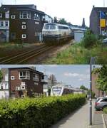 Die Bahnstrecke von Krefeld nach Kleve einst & jetzt: Während oben die aus Kleve in Kevelaer eintreffende 215 130-6 im Sommer 1992 noch ungehindert aufgenommen werden kann, verschwindet beim