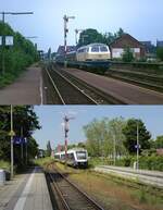 Die Bahnstrecke von Krefeld nach Kleve einst & jetzt: Oben kommt 215 013-4 mit einem Zug von Kleve nach Düsseldorf im Sommer 1992 in Kevelaer an, darunter fährt ein VT 648-Doppel der