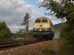 Die 216 224-6 der EBM Cargo (Gummersbach)fhrt solo mit 20 kmh am 29.07.2011 ber das Baugleis in Wilnsdorf-Anzhausen (an der KBS 445) in Richtung Siegen. Die Lok wurde 1968 bei Krupp unter der Fabriknummer 4885 gebaut.