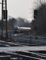 Anfahrend legt sich die NIAG Nr.8 alias 216 055-4 mit einem Silowagenzug in Zeug um auf Geschwindigkeit zu kommen.