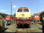 Die Frontansicht der 217 001 im Bahnpark Augsburg am 24.03.2008. Es sind noch eine 232 und eine 2143 der SVG zu sehen!