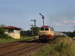 Die 217 002 am 09.08.2010 mit dem Saalerkalkzug bei der Ausfahrt aus Tling.