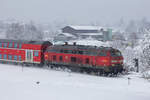 218 436-4 bei dichtem Schneefall kurz hinter Lindau in Richtung Friedrichshafen trägt bereits das neue  bwegt  Logo.