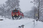 EC 193 kurz hinter Lindau auf der Steigung zur Bodolzer Kurve bei starkem Schneefall mit 218 326-7.