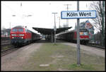 Begegnung zweier Regionalzüge am Bahnsteig in Köln West am 17.3.2005. Links ist 218151-9 mit einem Zug in Richtung Hauptbahnhof Köln zu sehen.