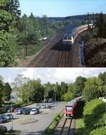 Blick auf die Nordausfahrt des Bahnhofs Marienheide: Oben schiebt 218 130-3 eine Citybahn im Mai 1987 in Richtung Meinerzhagen, darunter ist 620 549 am 04.08.2021 auf dem Weg nach Lüdenscheid.