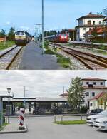 Ein Vergleichsblick aus Richtung Südosten auf den Bahnhof Schliersee: Oben treffen sich im Frühsommer 1991 die beige-türkise 218 321-8 und die 218 315-0 im (damals) neuen DB-Outfit, darunter eine Aufnahme vom 01.09.2023. Die früher zum Lokschuppen führenden Gleise wurden 1984 abgebaut, heute wird das frühere Bahngelände als Parkplatz genutzt. Das aus den 1870er Jahren stammende Empfangsgebäude im spätklassizistischen Stil einer italienischen Villa wurde wegen der schlechten Bausubstanz 2008 abgerissen und durch einen als  Palais am Bahnhof  vermarkteten Neubau ersetzt, der sich an der äußeren Gestaltung des Vorgängerbaus orientiert.