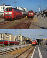 Lange Zeit pr�gte die Baureihe 218 (wie auch anderswo) das Bild im Bahnhof Friedrichshafen: Im Fr�hjahr 1999 stehen oben 218 164-2 und 218 400-0 eintr�chtig nebeneinander. Inzwischen wurden sie durch elektrische Lokomotiven ersetzt, wie auf der unteren Aufnahme vom 16.08.2026 mit der 146 207-6 zu sehen ist.