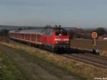 Die 218 448-9 zieht am 10.2.08 einen RE aus Hannover nach Bad Harzburg und passiert zum Zeitpunkt der Aufnahme das  Spiegelei  Ohtfresen  