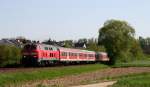 218 484 mit einem Regionalexpress nach Mannheim kurz nach der Durchfahrt von Bad Wimpfen-Hohenstadt. Nchster Halt des Zuges wird Bad Rappenau sein, 03.05.08.