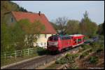 218 156 bringt am 04.05.08 den defekten 650 108 von Aalen nach Ulm, aufgenommen am Km 5,8 der Brenzbahn (KBS 757) bei Unterkochen.