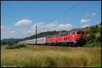 Eine Doppeltraktion von zwei Ulmer 218er bespannen am 21.06.08 IC 2013 ab Stuttgart bis Oberstdorf, aufgenommen bei Kuchen(Wrtt.) an der Filsbahn (KBS 750).
