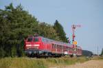 218 224 mit einer RegionalBahn nach Memmingen bei der Ausfahrt aus Sontheim(Schwab.), aufgenommen am Nachmittag des 07.08.08.