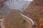 Den Blick der Natur entrissen... Zwei 218er bringen einen Intercity sicher die letzten zwei Kurven die Geislinger Steige hinunter. Zeitunterschied zur vorigen Aufnahme - 1 Stunde, und schon hat der Herbst eine andere Farbcharakteristik. (Frher Nachmittag am 02.11.2008)