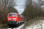 Bei eisigen Temperaturen befrdert die in Karlsruhe beheimatete und mittlerweile 31 Jahre alte 218 480 den verspteten RE 4836 von Heilbronn nach Mannheim.