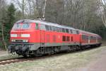 Die mit LED Scheinwerfern ausgerstete 218 412-5 erreicht Emmelshausen mit der RB Hunsrckbahn von Boppard Hbf am 30.03.2011