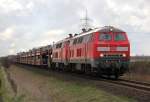 218 838-1 und 218 XXX mit Sylt-Shuttle Richtung Niebll. Aufgenommen in der Nhe von Niebll am 13.04.2012.