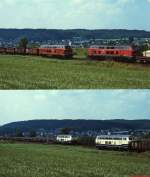 Zwei Zge und vier Lokomotiven: Begegnung von zwei mit BR 218 bespannten Gterzgen in der Nhe von Neukirchen bei Sulzbach-Rosenberg, nachgeschoben wurden die Zge von zwei Lokomotiven der BR 217