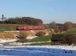 Die 218 406 mit einem IRE nach Lindau am 05.01.2015 unterwegs bei Gensenweiler.