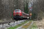 IRE 4212 (Lindau HBF - Ulm HBF) verlässt soeben den Bahnhof Enzisweiler, welcher er ohne Halt durchfahren hat. Zuglok 218 439-8, 5 April 2015