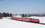 RE 57509 (Füssen-München Hbf) mit Schublok 218 497-8 bei Füssen 9.3.16