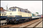Bahnhofsfest am 26.6.1993 in Sinsheim: 218480 mit Interregio Wagen.