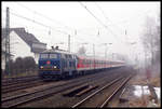 Die blaue 218473 mit König Ludwig Werbung ist hier mit einem Fanzug am 29.1.2005 in Hiddenhausen Schweicheln in Richtung Ruhrgebiet unterwegs.