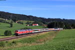 218 416-6 und 218 419-0 mit dem EC 196 (München Hbf-Zürich HB) bei Ellenberg 8.7.20