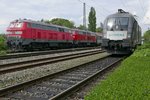 Während 218 499-2 und eine Schwestermaschine die Wagen des IC 119, Münster(Westf) - Innsbruck, über den Bodenseedamm in den Lindauer Hauptbahnhof ziehen, steht am 17.05.2016 der Siemens Werbe-Taurus