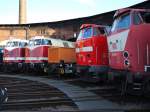 Die Dieselfraktion mit zwei ostdeutschen Babelsbergerinnen, 118 770 und 118 782 sowie zwei rumnischen U-Booten, 219 084 und 219 003 am Abend des 20.08.2011 beim Heizhausfest in Chemnitz-Hilbersdorf
