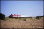 119156 und 119158 erreichen hier am 26.9.1990 mit einem Interregio aus Berlin den Ortsrand von Marienborn.