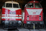 Die Diesellokomotiven 118 141-1 und 219 003-1 Anfang April 2018 im Sächsischen Eisenbahnmuseum Chemnitz-Hilbersdorf.