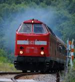 Die 219 084 hatte am 14.08.2010 mit ihrem Sonderzug Ausfahrt au sdme Bahnhof Sitzendorf-Unterweibach.