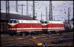 Zwei U-Boote am BW Leipzig Hauptbahnhof am 26.4.1992: Vorne 219108 und dahinter 219190.