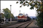 Blick in den Bahnhof Schmiedefeld am 9.10.1992, wo 219059 mit dem planmäßigen Güterzug von Lauscha nach Saalfeld angekommen ist.