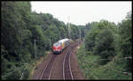 Am Ortsrand von Hasbergen ist hier V 200007 am 8.7.1993 um 15.25 Uhr mit dem Lübeck Büchener Doppelstockzug in Richtung Münster unterwegs.