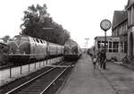 220 027 kreuzt in Pönitz einen Wendezug, geschoben von 220 011 in Richtung Lübeck (11.8.1983).