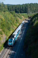 223 063 passiert mit dem ALX84108 von München nach Hof den großen Einschnitt kurz vor dem Haltepunkt Röslau, 26.08.2016