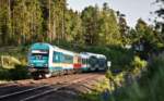 Die Diesellok 223 062 fährt am Abend des 2.6.2017 bei Mitterteich mit einem Alx aus München Hbf nach Hof vorbei.