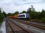 223 144 ist am 21.08.12 mit dem Container unterwegs. Hier bei der Durchfahrt in Mehltheuer Richtung Hof.