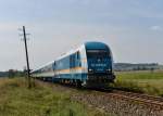 223 067 mit einem umgeleiteten ALX nach Prag am 24.08.2013 bei Dubova Lhota.
